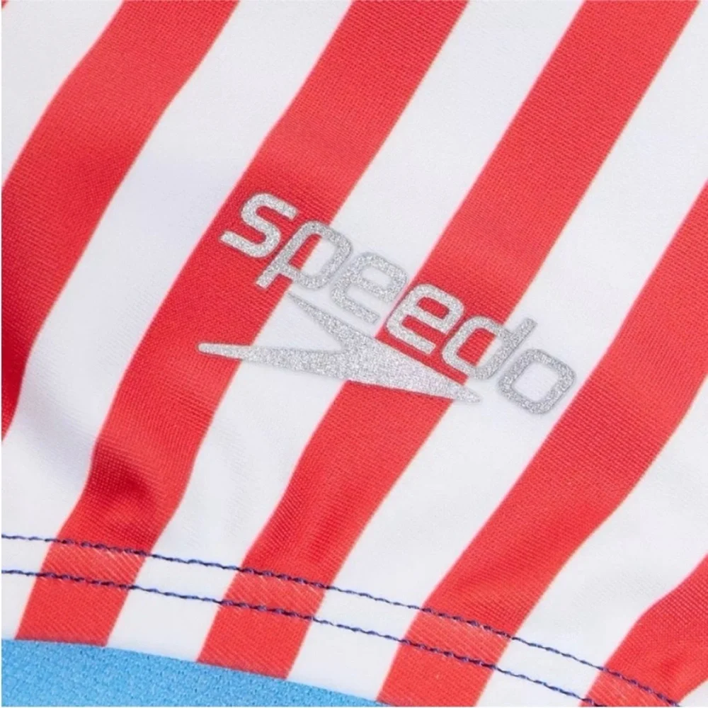 Speedo Girl’s Swimsuit One Piece Blue and Red Stripes Size 14 NWT UPF 50+